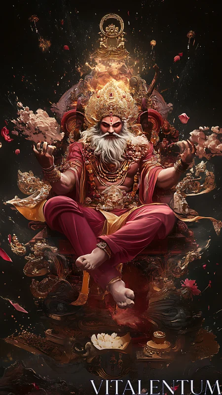 Seated mythic figure on ornate throne with floating debris.