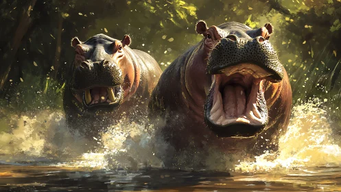 River thunder rolls as two charging hippos split the light