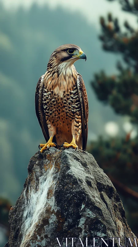 Falcon perched on rock against soft forest backdrop.