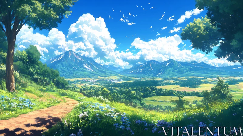 Sunny mountain valley path inviting a peaceful wander.