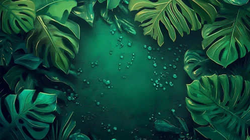 Lush tropical monstera leaves frame wet emerald surface