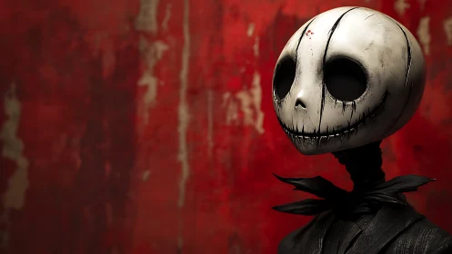 Tall skull-headed figure against distressed red backdrop.