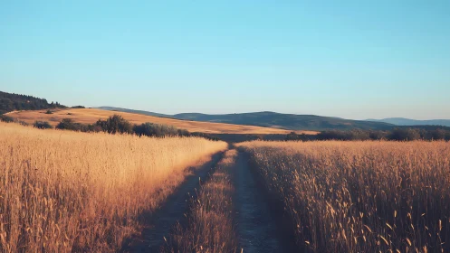 Golden rural path through late-summer wheat fields at dusk.