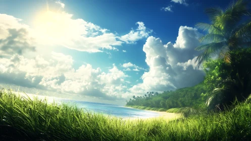 Sunlit tropical shoreline wrapped in lush green serenity.