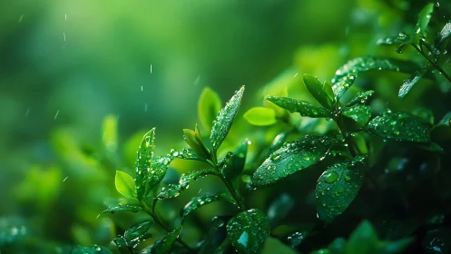 Rain-kissed emerald leaves glittering in quiet morning light.