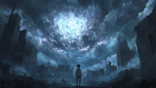 Solitary child under luminous storm over ruined cityscape.