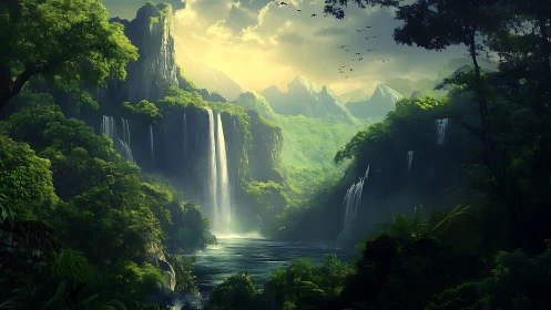 Lush jungle valley with misty waterfalls at sunrise.