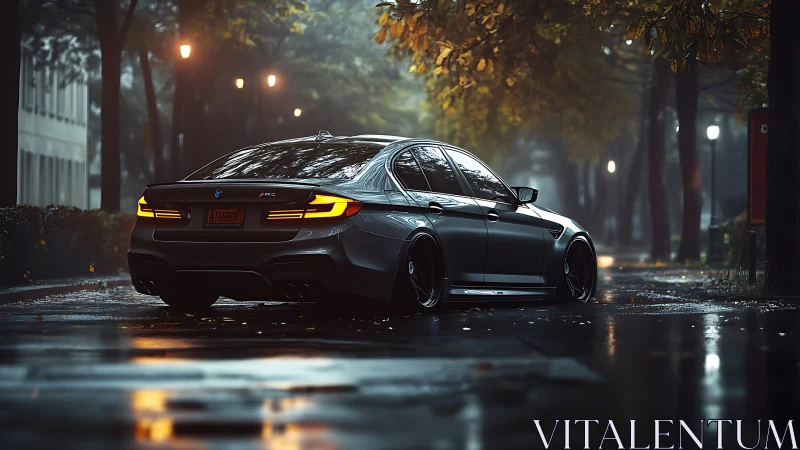 Low BMW sedan idles on wet city street under foggy lamps