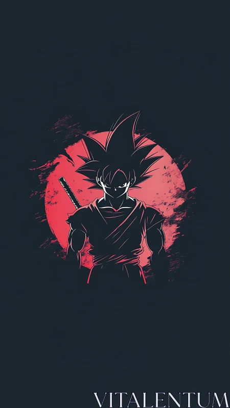 Stoic anime warrior stands before a crimson rising sun.