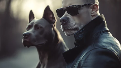 Canine-headed man in leather jacket with vigilant dog companion.