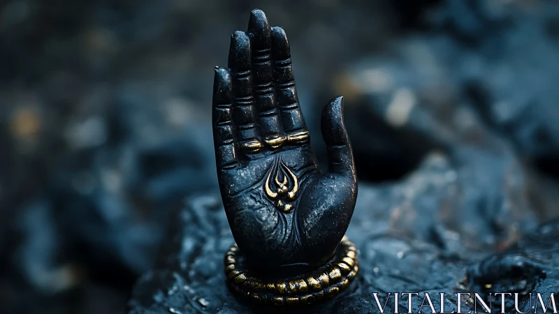 Metallic hand sculpture with gold symbol on dark stone.