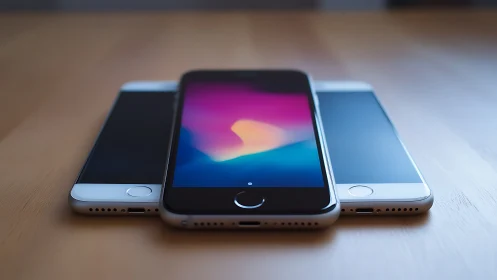 Three iPhones Display Gradient Wallpapers on Wooden Surface