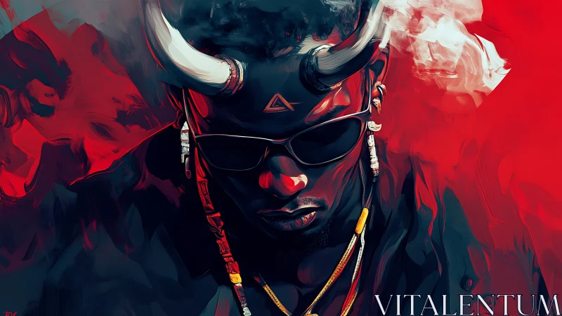 Horned neon silhouette in high-contrast digital inferno.