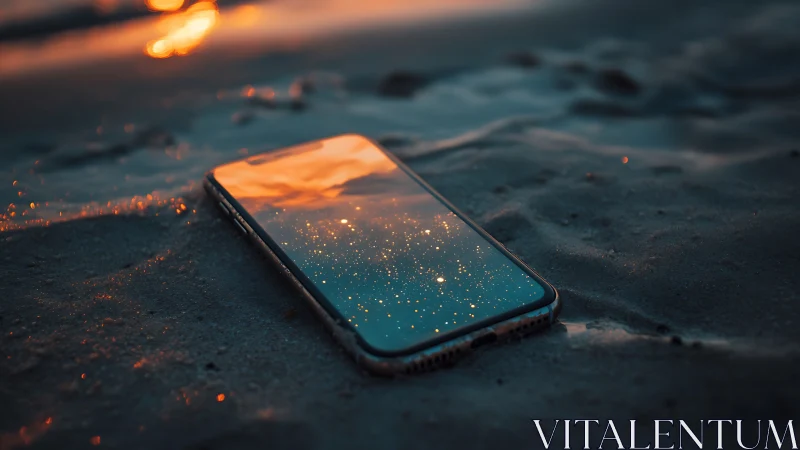 Dreamy smartphone reflecting sunset sky and quiet stars.