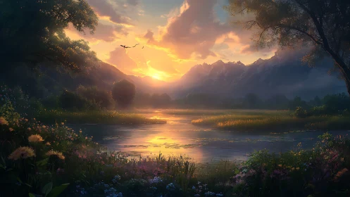 Mountain lake landscape at sunset with wildflowers and trees.