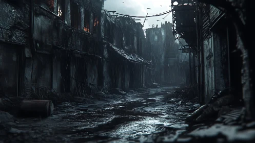 Rain-soaked ruined alleyway shows burned buildings collapsing