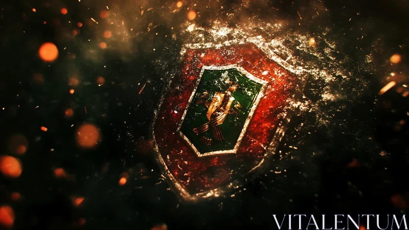 Fiery shattered shield emblem in dark cinematic space.