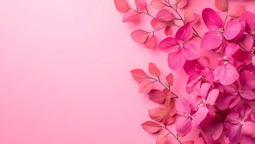 Botanical flat lay with pink florals on minimal backdrop.