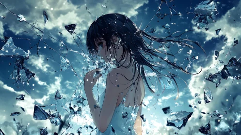 Shattered sky-girl swirling in a storm of glass and light.