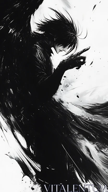 Shadowed winged figure cuts through stark monochrome void.