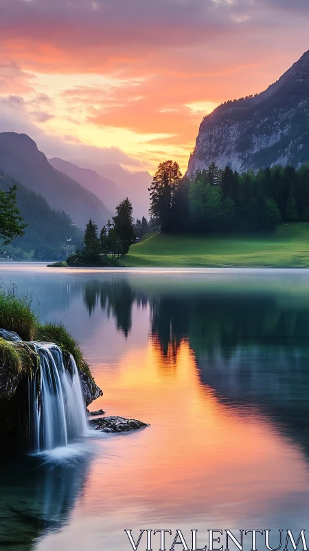 Mountain lake waterfall glows beneath tranquil pastel sunset.