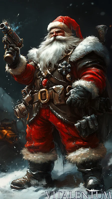 Battle-hardened Santa warrior in snow-laden environment.