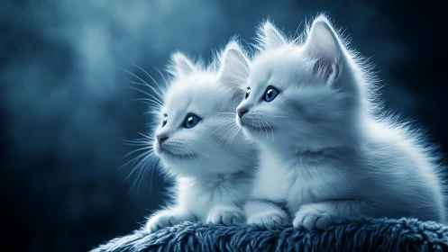 Two White Kittens with Azure Eyes Gaze Serenely