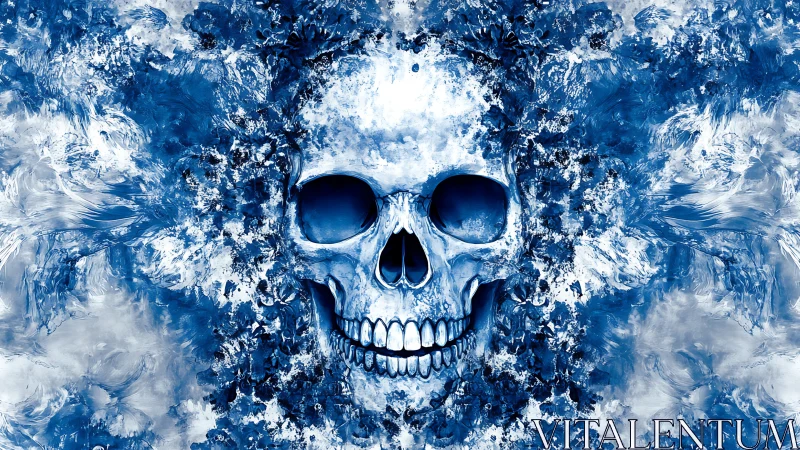 Symmetrical blue skull emerging from chaotic abstract paint field