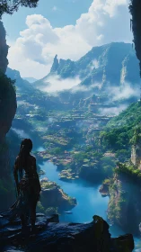Sky-kissed jungle valley watched by lone cliff wanderer.