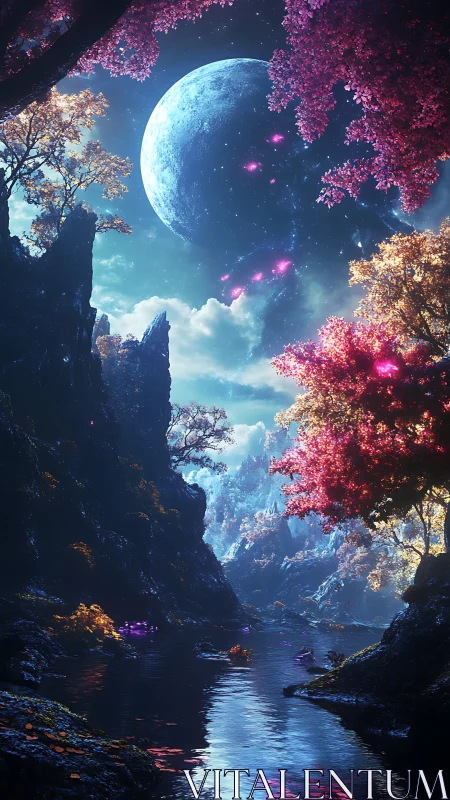 Lunar-lit alien river valley with luminous magenta foliage.