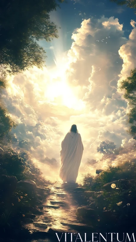 Robe-clad figure walks sunlit stone path into radiant clouds