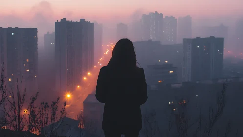 Silhouetted figure studies foggy city skyline at dusk