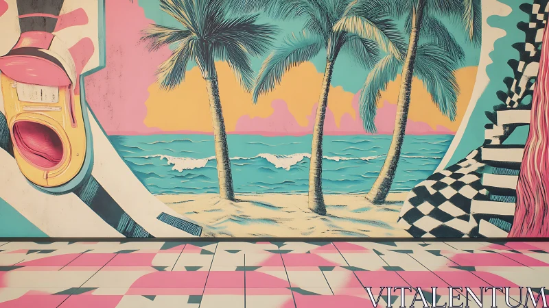 Vivid palm beach mural with surreal retro geometric forms.