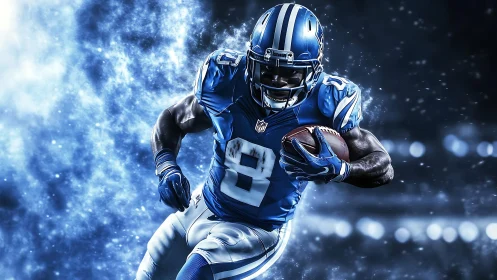 Dynamic football runner charges through electric blue haze.