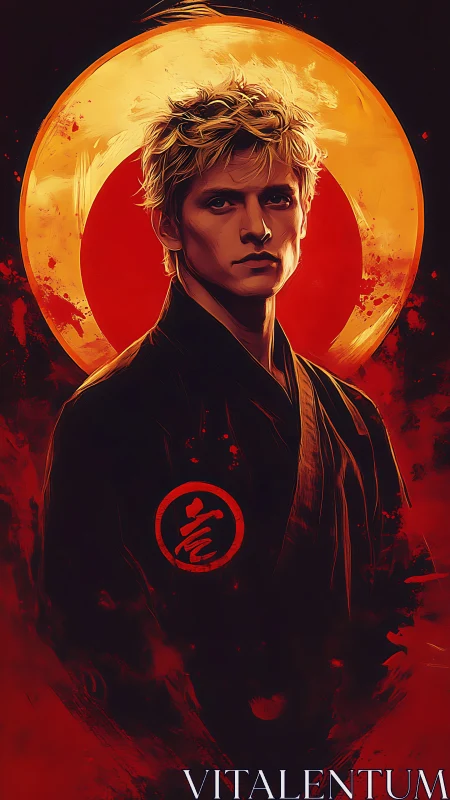Martial artist stands before blazing red and gold circle