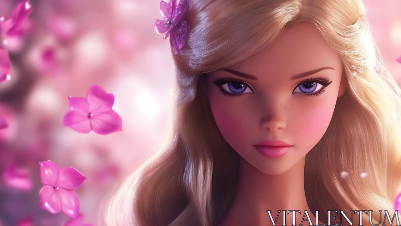 Dreamy blonde doll portrait glows in soft pink blooms