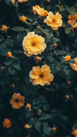 Golden roses in full bloom with emerging buds and dark foliage.