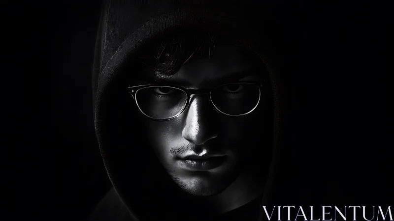 Shadowed face in a hood quietly meets the viewer’s gaze