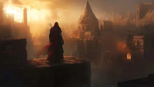 Lone red-cloaked rogue surveys a smoldering dusk citadel.