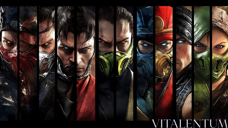 Intense masked warriors lined in bold, electric colors.