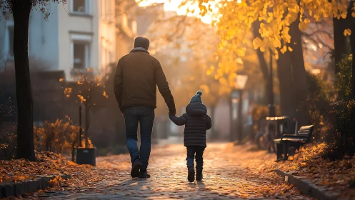 Golden Hour Connection: Adult and Child Walk Together Through Autumn.
