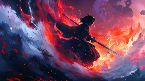 Samurai of swirling fire and storm, poised between worlds.