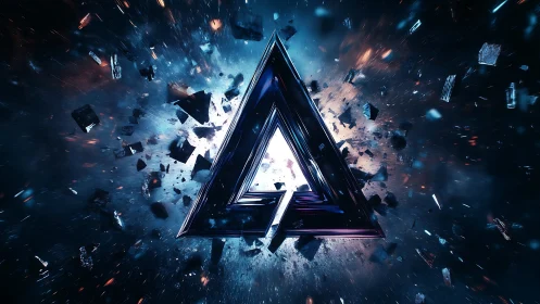 Shattered triangular portal in deep space explosion.