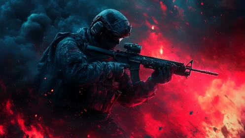 Lone tactical shadow cuts through neon firestorm of battle