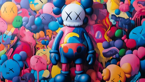 Dripping toy titan adrift in neon bubble graffiti dreams.