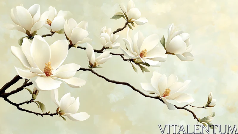 White Magnolia Flowers on Branches with Golden Stamens