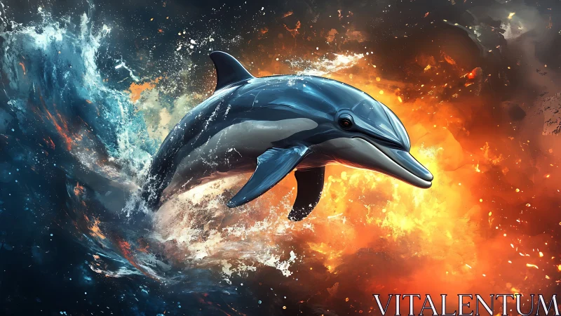 Dolphin leaping through fiery and oceanic abstract waves.