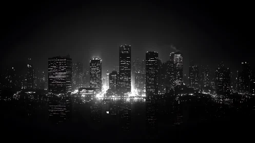 Monochrome high-density skyline with luminous urban core.