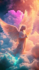 Gentle skyward angel drifting through radiant pastel clouds.