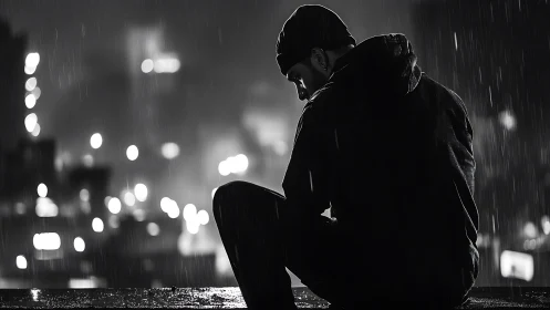 Solitary figure sits on rooftop ledge in nighttime rainfall
